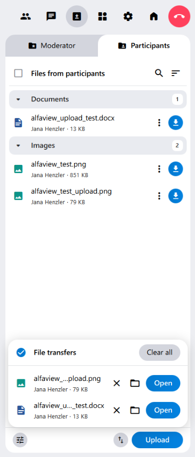 File sharing allows users to download files. File sharing is divided into the tabs moderators and participants.