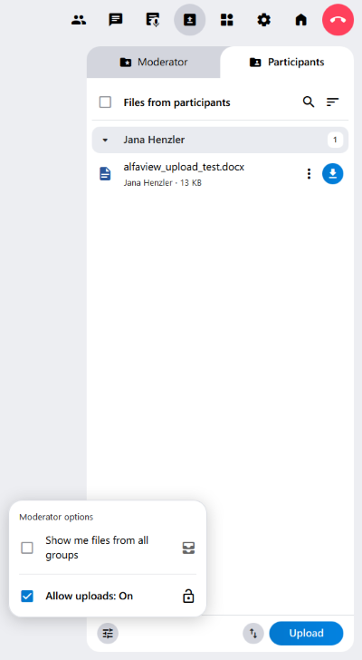 The moderator options include “Show files from all groups” and “Allow uploads.”