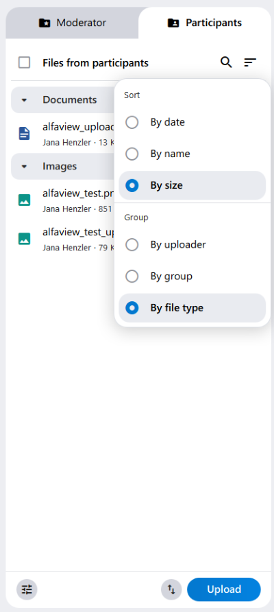 Anyone in the room can sort the files by date, name, or size, and group them by file type or uploader.