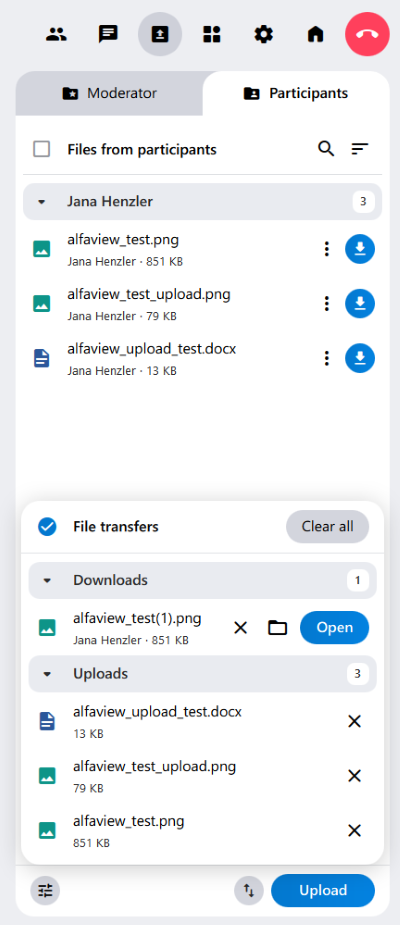 File sharing in alfaview. Uploads and downloads are displayed in the File Transfers window.