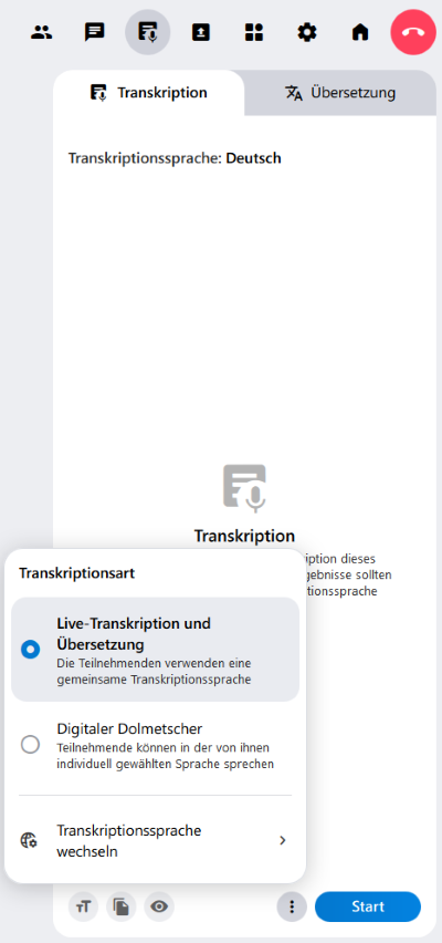 Die Reiter "Transkription" und "Übersetzung" im Funktionsmenü. Hier kann die Funktion gestartet werden. Außerdem wird das Gesprochene hier textlich wiedergegeben bzw. übersetzt.