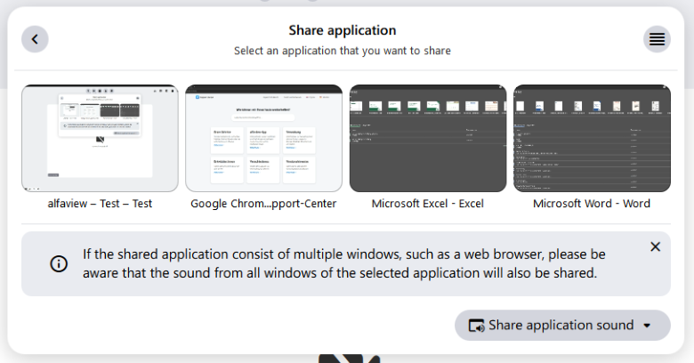 The selection of running applications. A list or preview videos of the applications is displayed.