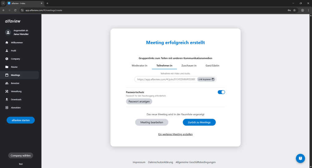 Sobald das Meeting erstellt wurde, bekommen Sie einen Gruppenlink zum Meeting. Diesen können Sie an mehrere Personen mit derselben Rolle schicken.