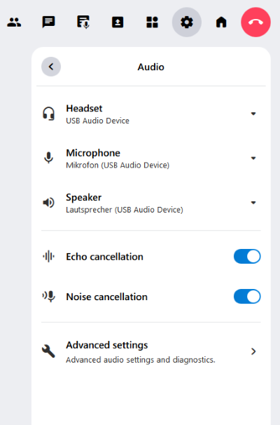 The audio settings in the secondary menu. Here you can select your headset, microphone, and speakers, as well as turn echo and noise cancellation on or off.