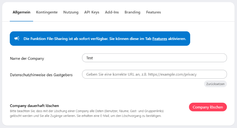 Der Reiter "Allgemein" im Bereich Company.