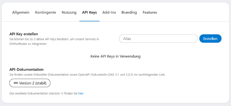 Die Organisation der API Keys in der Verwaltungsoberfläche von alfaview.