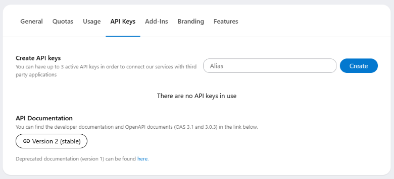 The organization of API keys in the alfaview administration interface.