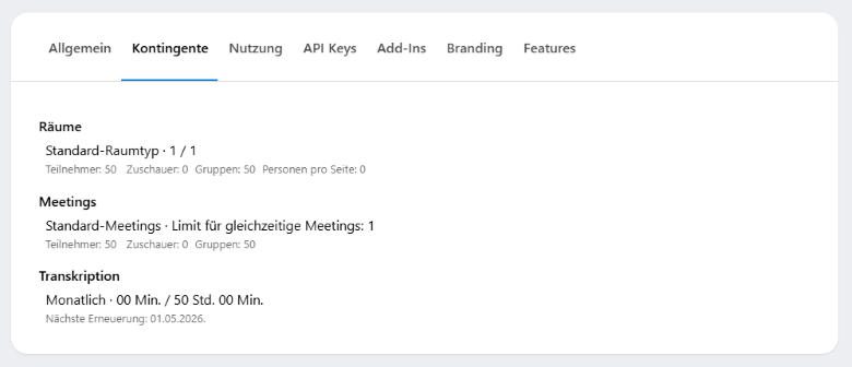 Die Kontingente für Räume, Meetings und Transkription in der Company.