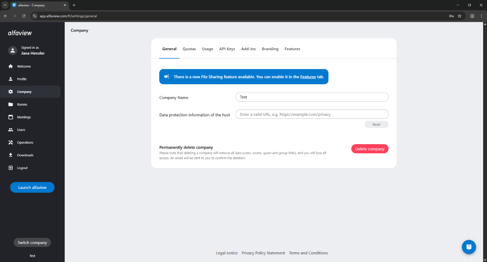 Manage the company via the administration interface. Changes can be made in the General, Quotas, Usage, API Keys, Add-Ins, and Branding tabs.