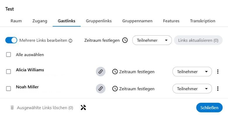 Mehrere Gastlinks können gleichzeitig bearbeitet werden. Dafür gibt es in der Raumverwaltung unter Gastlinks die Funktion "Mehrere Links bearbeiten".