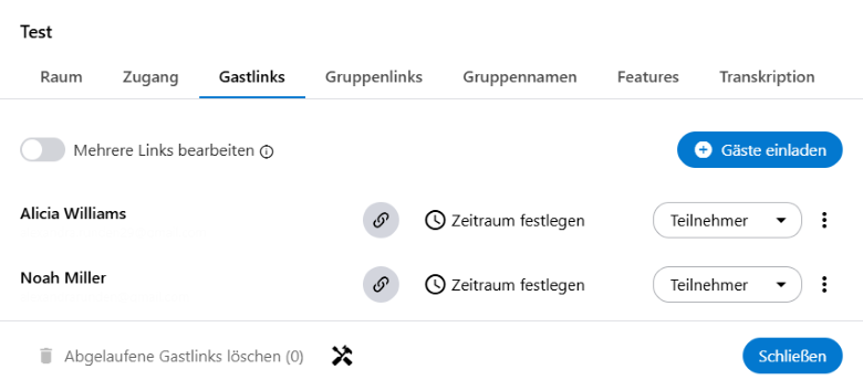 In der Raumverwaltung können Gastlinks für Räume erstellt werden. Hierbei werden pro Person ein eigener Gastlink erstellt.