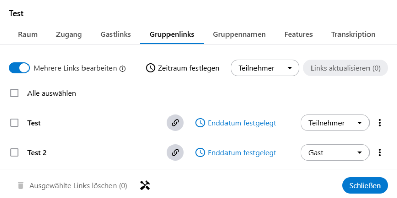 Mehrere Gruppenlinks können gleichzeitig bearbeitet werden. Dafür gibt es in der Raumverwaltung unter Gruppenlinks die Funktion "Mehrere Links bearbeiten".