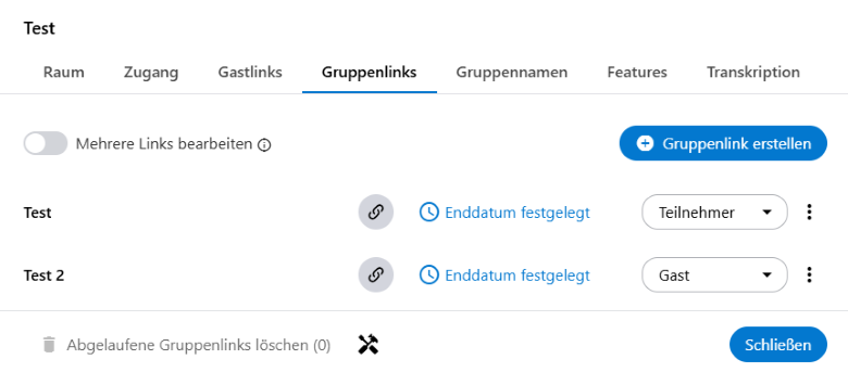 Wenn mehrere Personen mit der gleichen Rolle in den Raum eingeladen werden sollen, kann man einen Gruppenlink erstellen. In der Raumverwaltung findet man die Möglichkeit unter dem Reiter "Gruppenlinks".