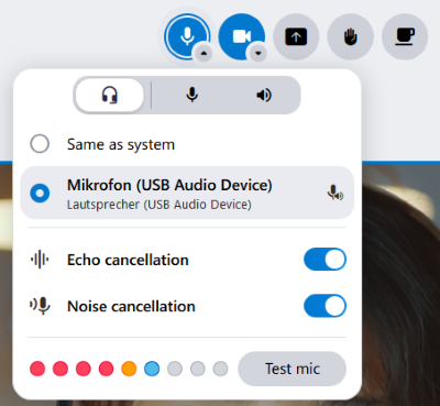 The alfaview headset settings. Here is a list of all connected microphones and headsets. You can also test the microphone and adjust the echo and noise cancellation settings here.
