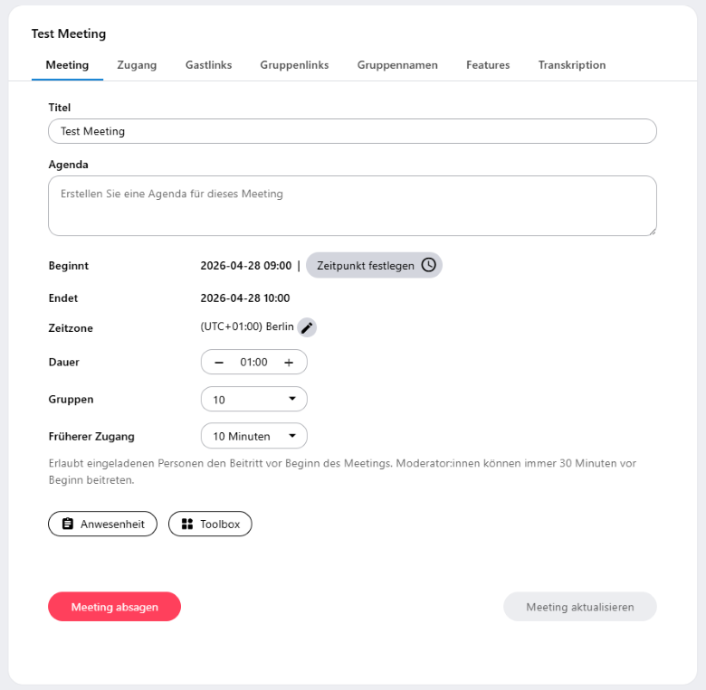 In der Bearbeitungsmaske von Meetings kann das Meeting auch abgesagt werden. Dafür gibt es einen roten Button unten links in der Maske.