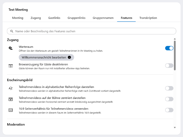 Die Features können im Reiter Features bei der Bearbeitung von Meetings aktiviert und deaktiviert werden.