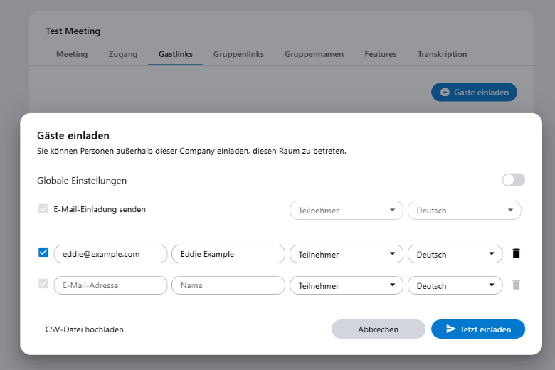 Die personalisierten Gastlinks des Meetings können auch nachträglich bearbeitet werden.