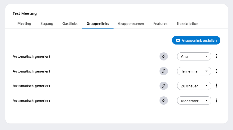 Screenshot der automatisch generierten Gruppenlinks in einem alfaview-Meeting.
