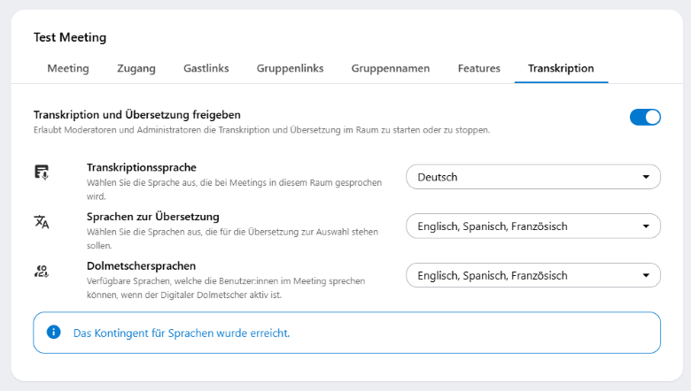 Einstellungen für Transkription und Übersetzung können im Reiter Transkription bei der Bearbeitung von Meetings bearbeitet werden.