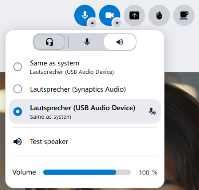 The speaker settings in alfaview. Here is a list of all connected speakers. You can also test the speaker and adjust the volume.
