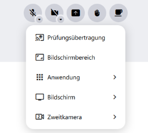 Der "Bildschirm teilen"-Button befindet sich neben dem Kamera-Button im Kontextmenü von alfaview. Mit einem Klick darauf, öffnet sich die Liste der Möglichkeiten zur Bildschirmübertragung.