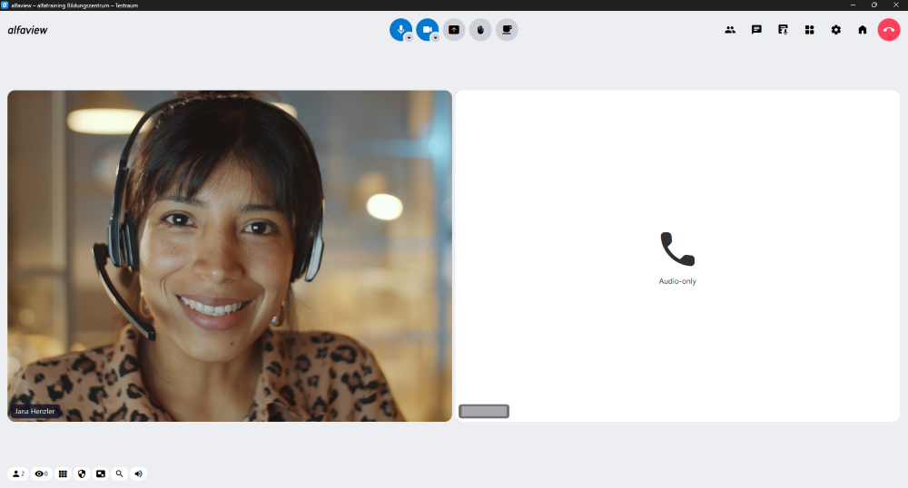 Two people in the alfaview room. One person is connected by telephone.